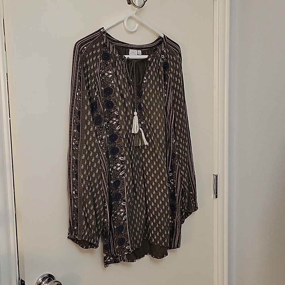 New DIRECTIONS Olive Green Floral Paisley Peasant Long Sleeve Hippy Tunic - Picture 2 of 12